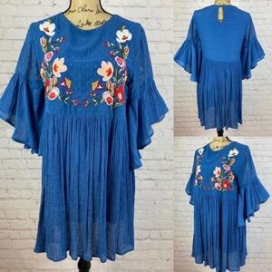 Umgee Oversized Crinkly Swiss Dot Embroidered Ruffled Sleeve Dress